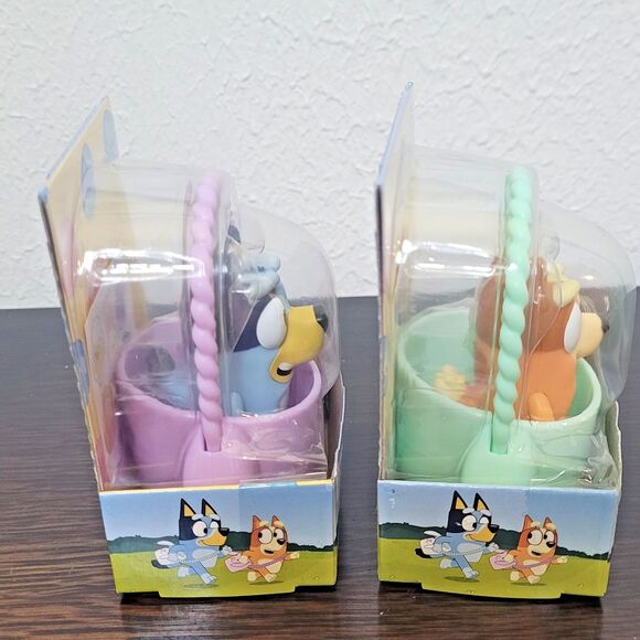 NEW Bluey & Bingo Bunny Basket  3” Figure Set of 2 w Sticker Sheet Green Purple - Picture 4 of 11